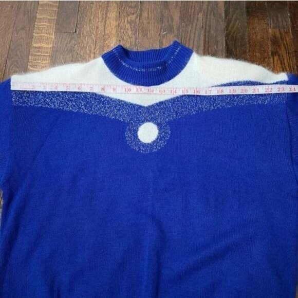 Vintage 80's Blue Silver Sparkles Geometric Wool Blend Cozy Sweater - Picture 6 of 11